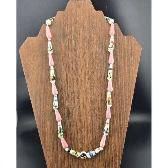 Handmade Jewelry - Hand-Painted Ceramic Beaded Necklace With Wildlife & Landscape Scenes READ
